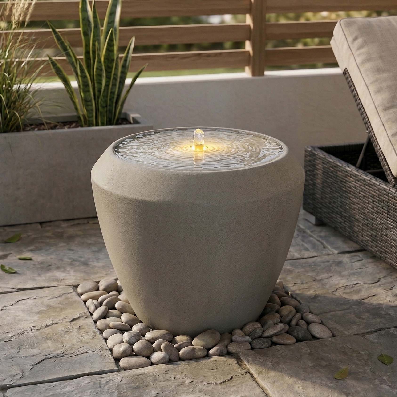 Fontanna ogrodowa betonowa z podświetleniem LED na tarasie w otoczeniu roślin i mebli ogrodowych