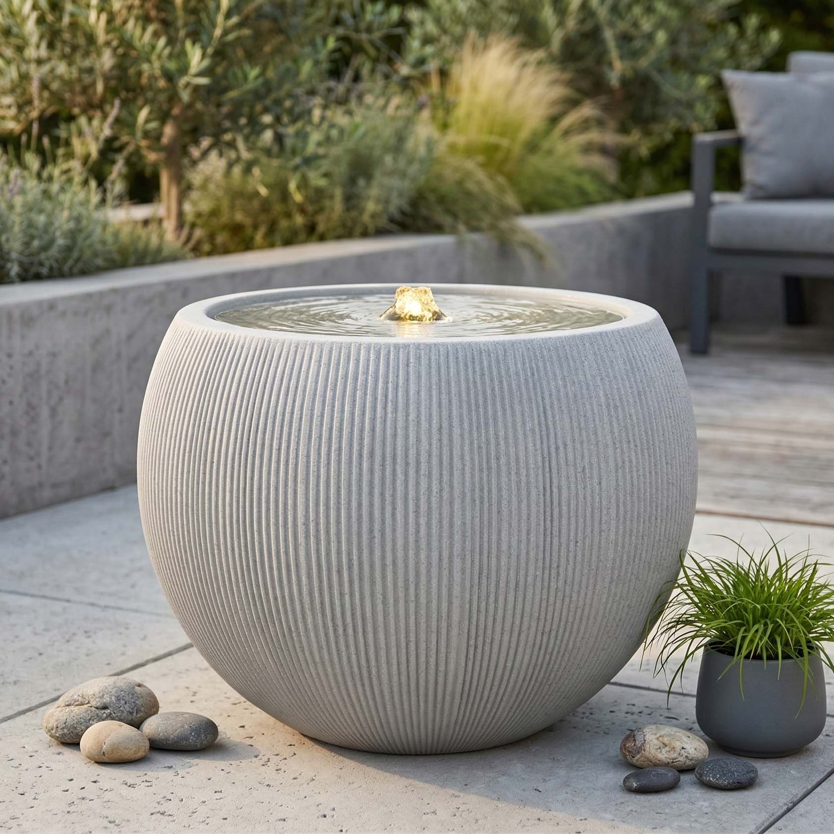 Fontanna ogrodowa kulista beżowa w eleganckiej aranżacji strefy relaksu na tarasie
