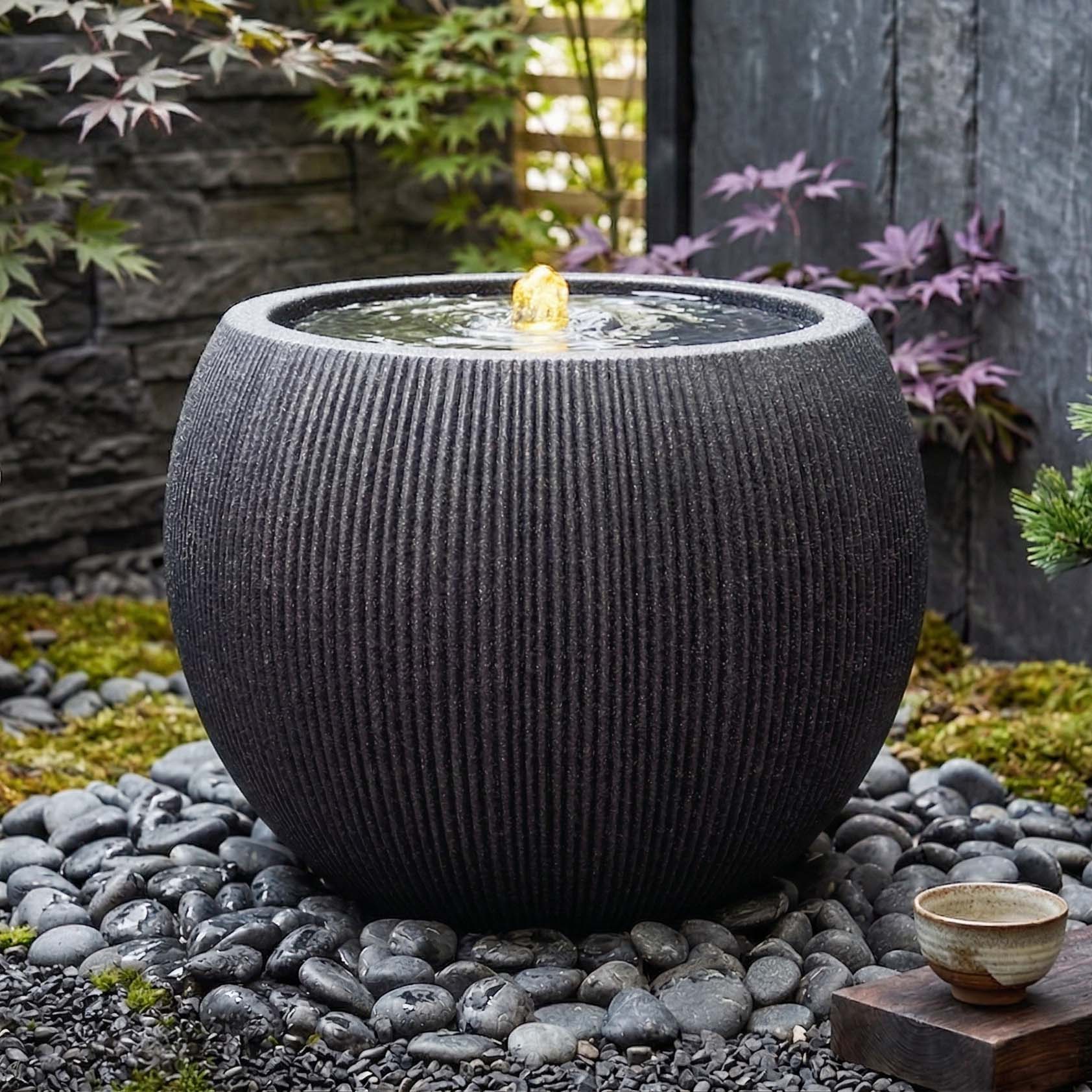 Fontanna ogrodowa kulista czarna w aranżacji ogrodu japońskiego z kamieniami i roślinnością
