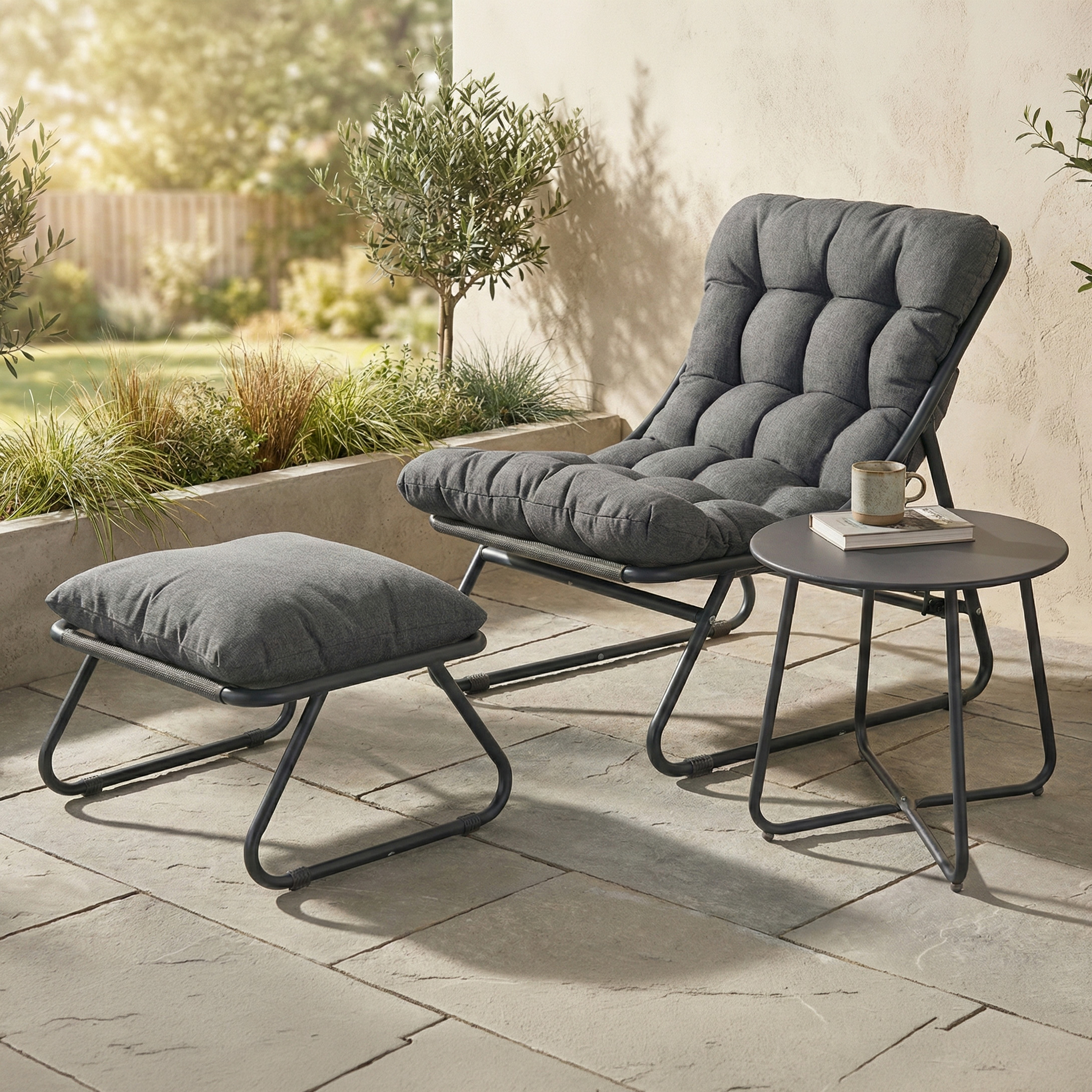 Fotel ogrodowy z podnóżkiem i stolikiem kawowym na tarasie