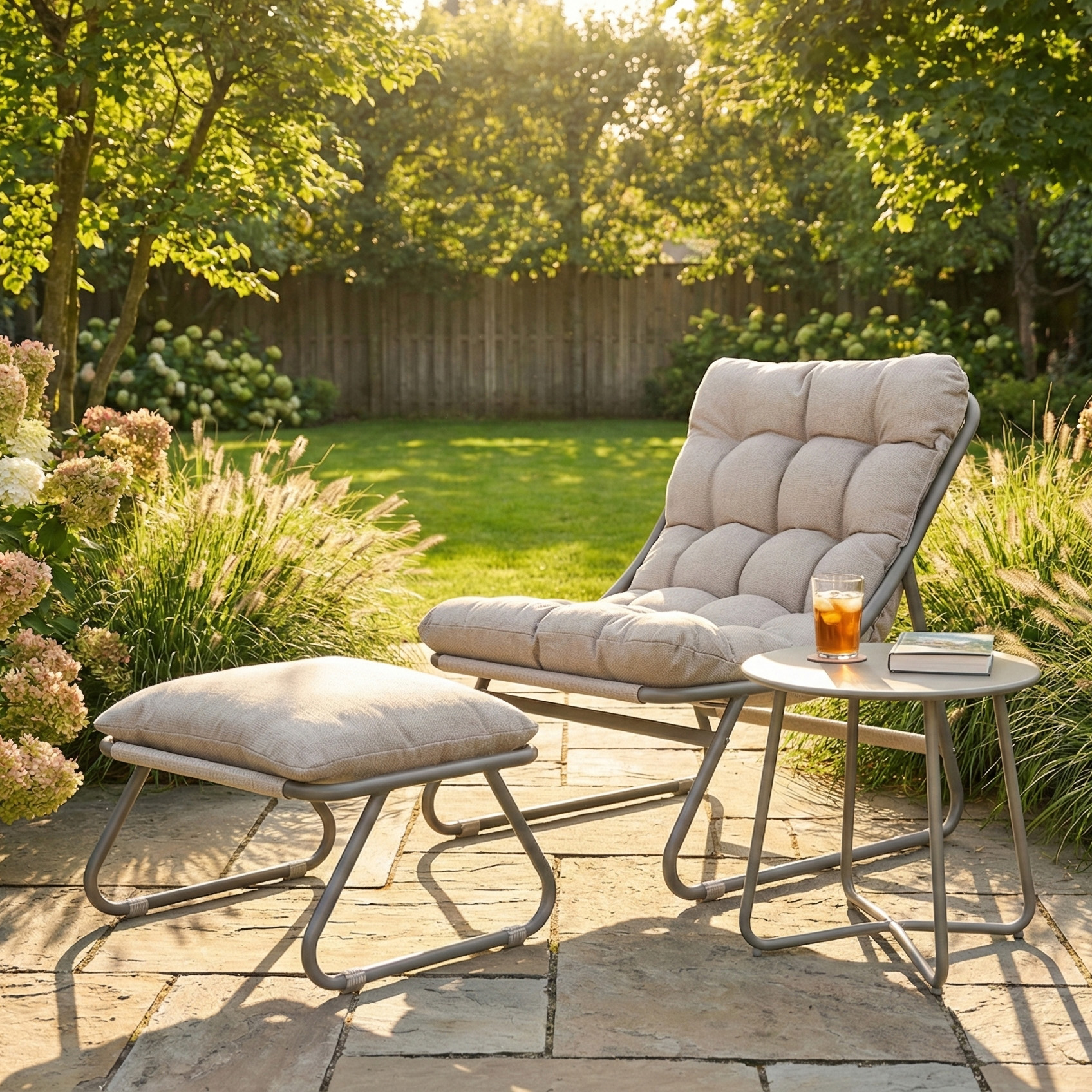 fotel ogrodowy z podnóżkiem i stolikiem kawowym w ogrodzie przy tarasie szaro-beżowy