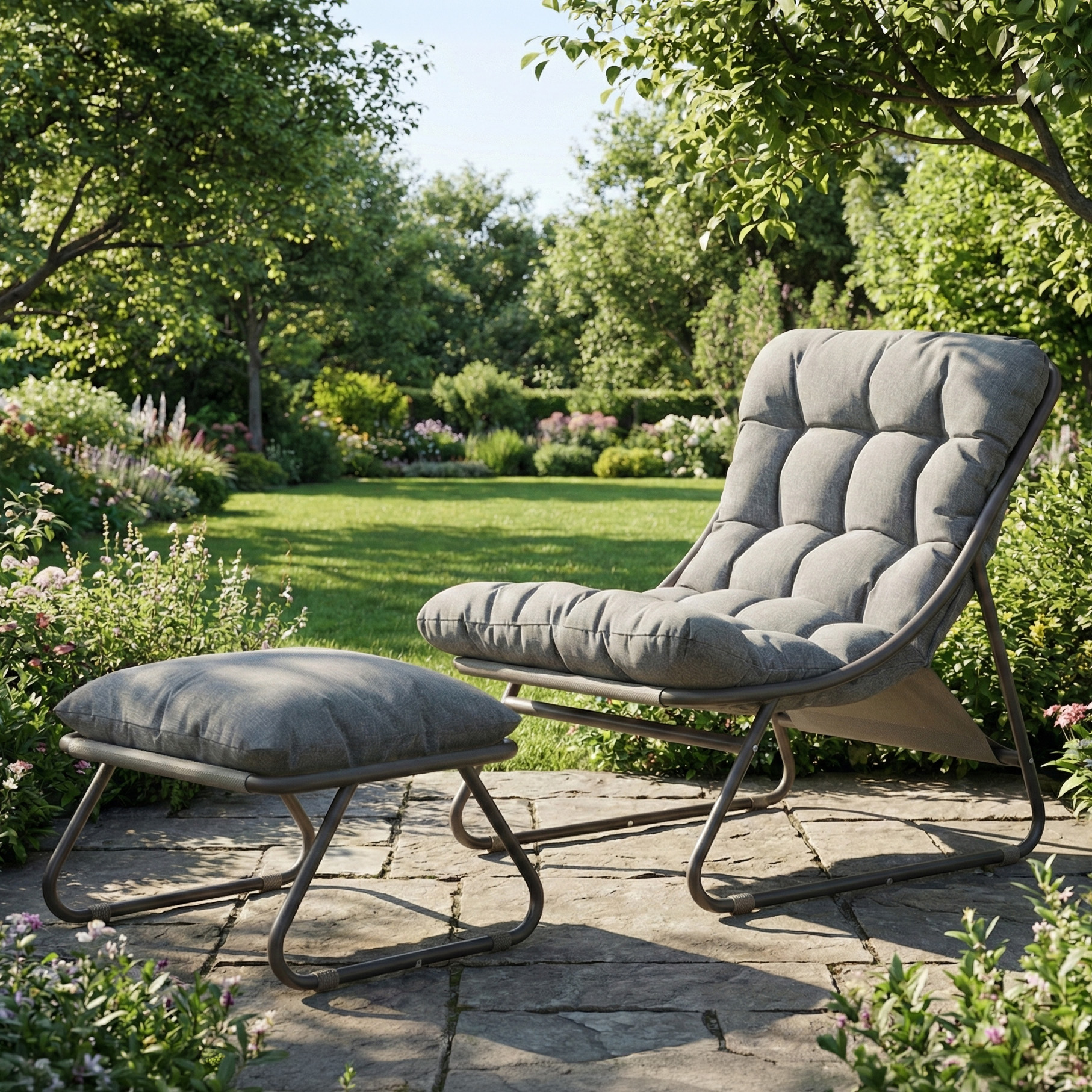 Fotel ogrodowy z podnóżkiem w kolorze szaro beżowym na tarasie w ogrodzie