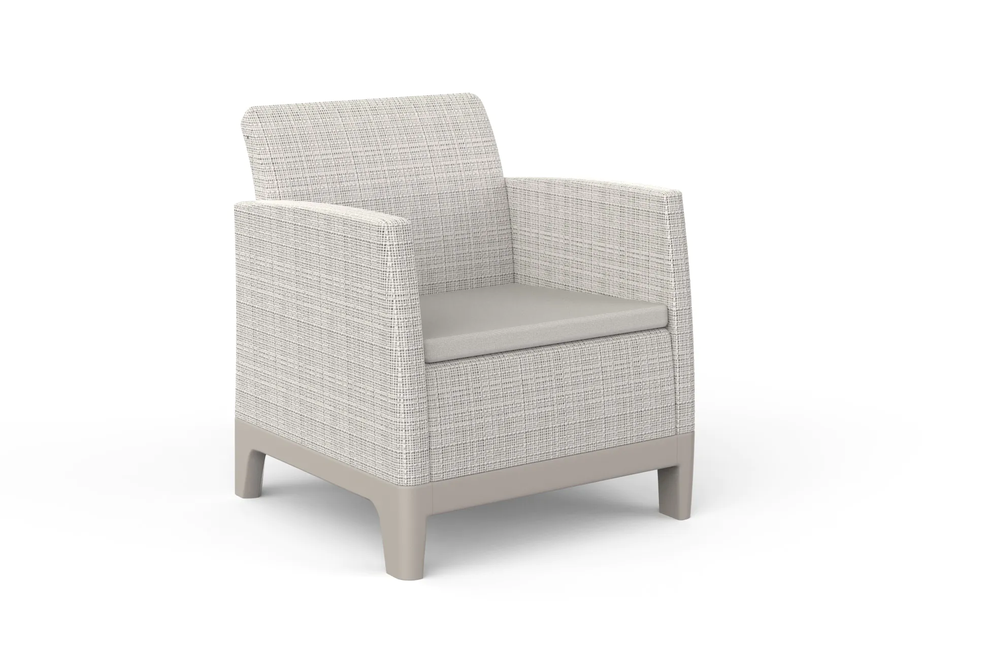 Fotel ogrodowy Keter Scandi Forma Pebble Grey-Soft Beige/oat z tekstylną tapicerką w kolorze beżowo-szarym