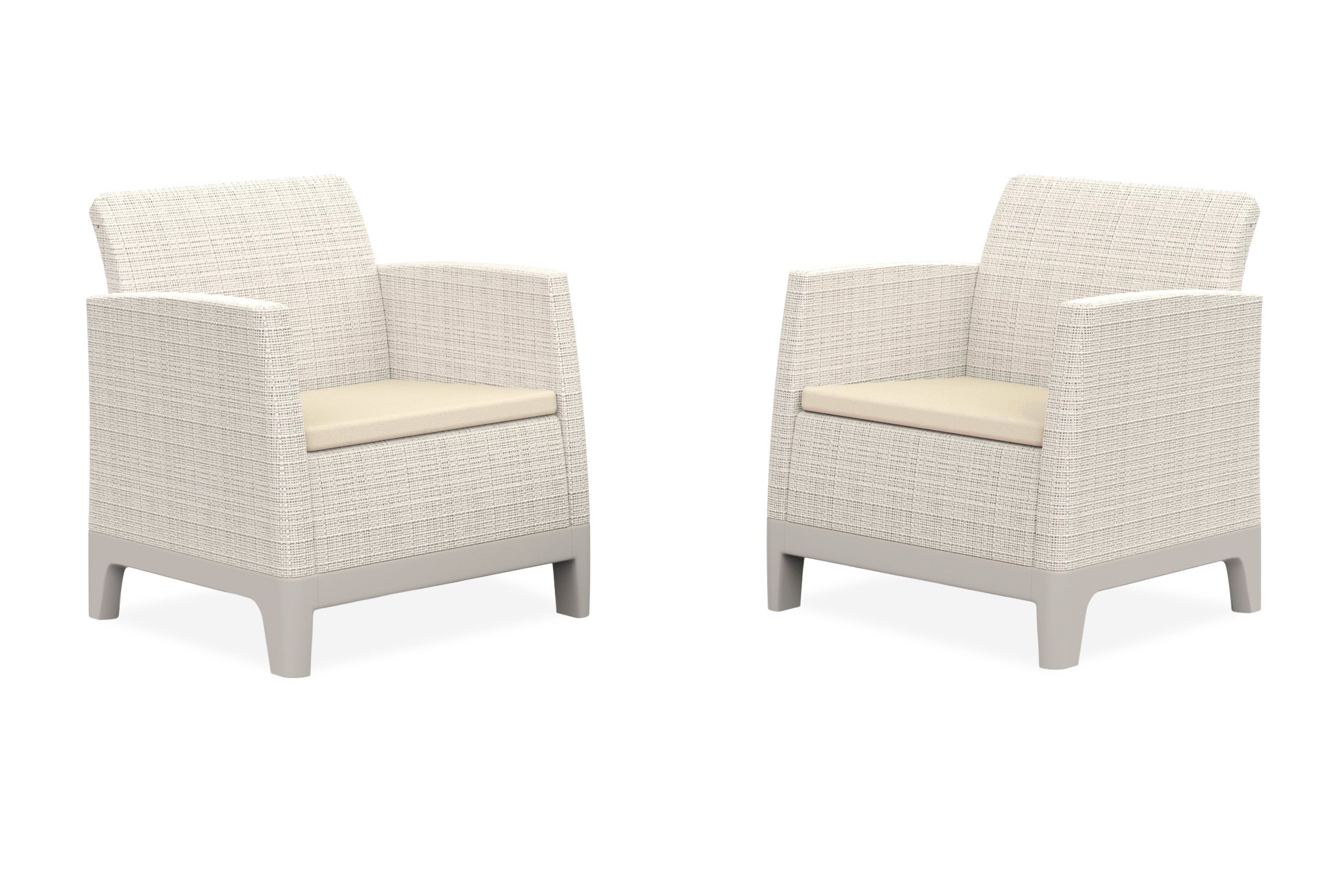 Dwa krzesła balkonowe Keter Scandi Forma w kolorze Pebble Grey-Soft Beige/oat z jasnymi poduszkami