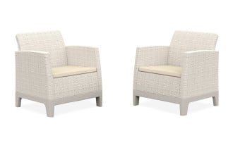 Dwa krzesła balkonowe Keter Scandi Forma w kolorze Pebble Grey-Soft Beige/oat z jasnymi poduszkami