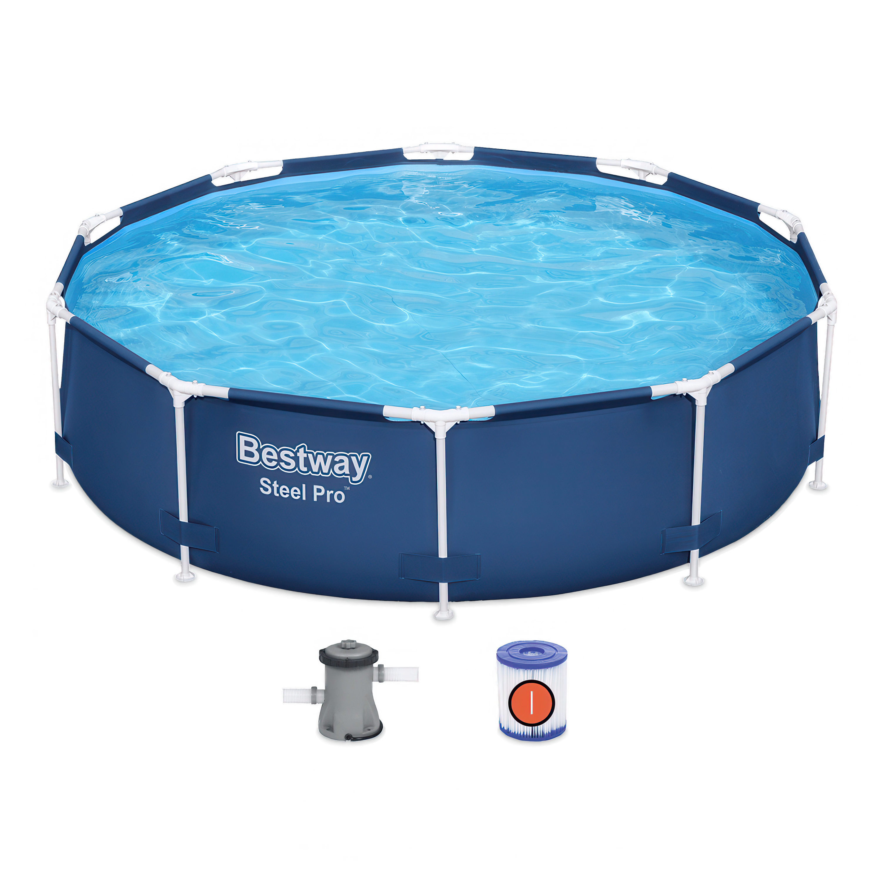 okrągły basen stelażowy w zestawie z pompą filtrującą i filtrem