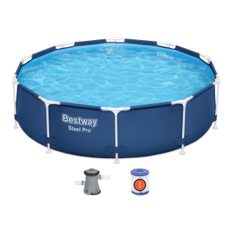 okrągły basen stelażowy w zestawie z pompą filtrującą i filtrem