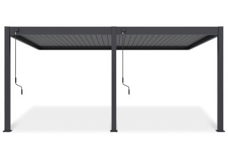 Frontowy widok pergoli tarasowej DELUXE WALL 3.6x5.3 w kolorze antracytowym na białym tle.