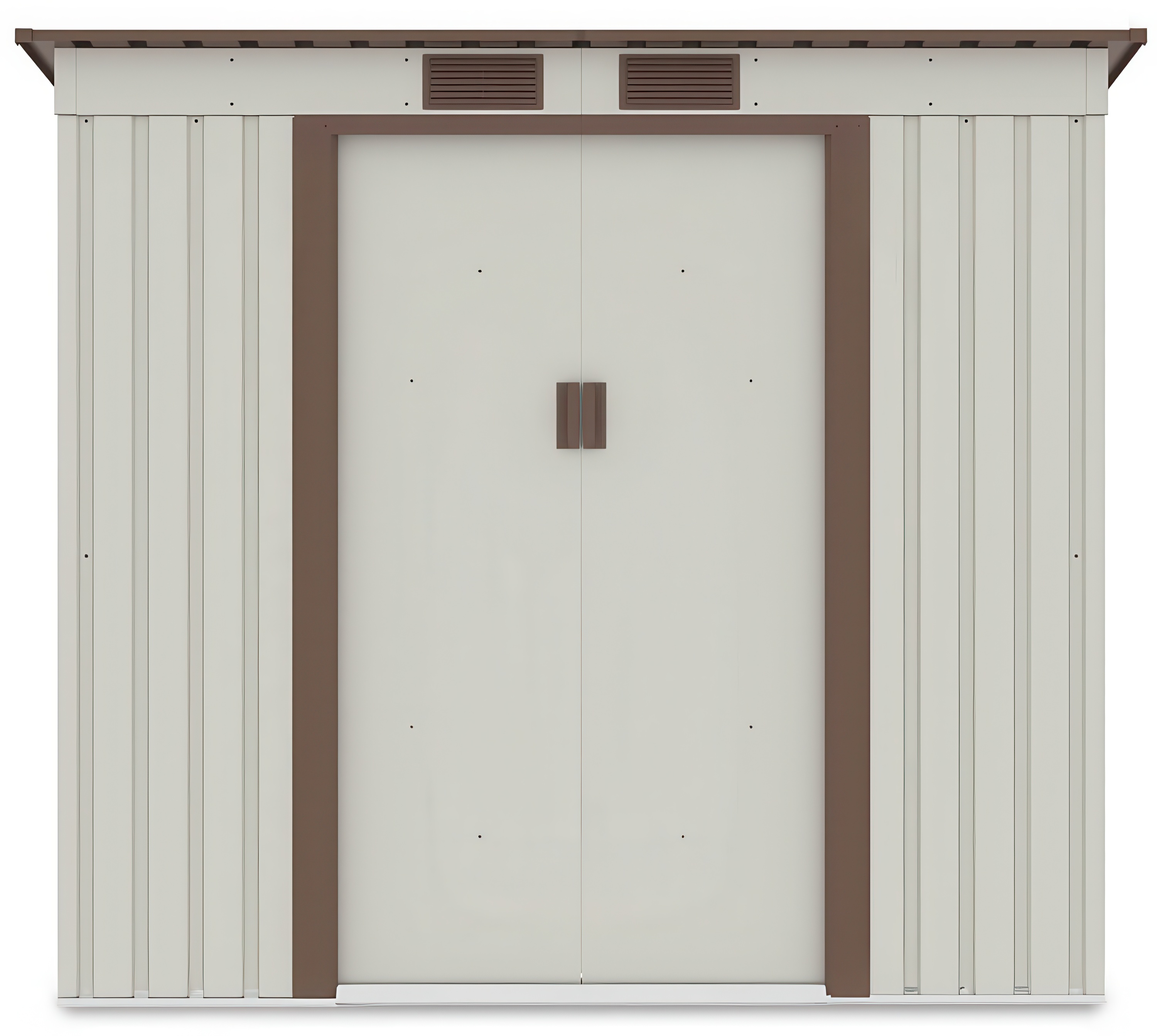 Widok na przednią ścianę i podwójne drzwi domku narzędziowego OREGON 201x121cm Beige