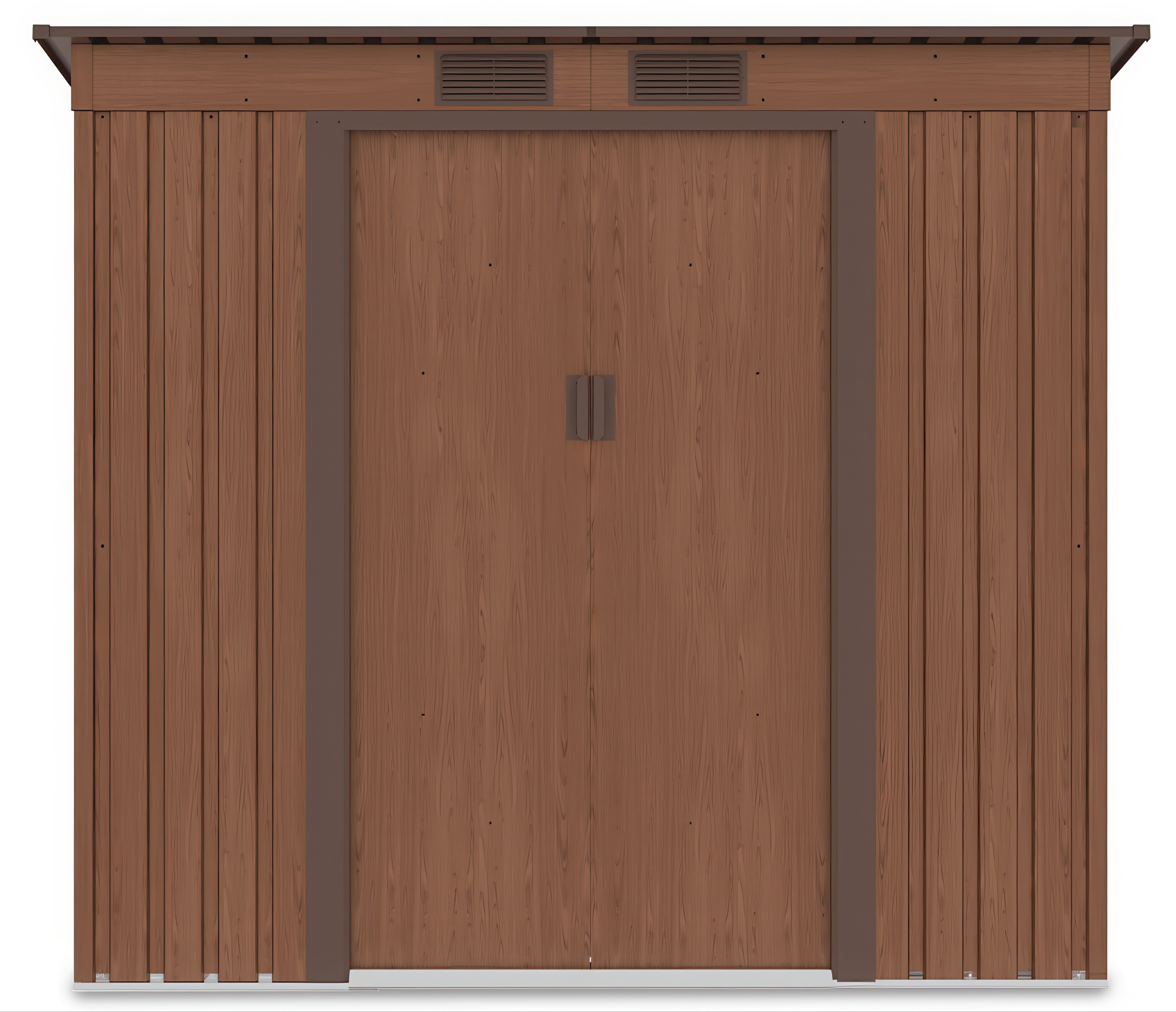 Widok na przednią ścianę i podw&oacute;jne drzwi domku narzędziowego OREGON 201x121cm Walnut
