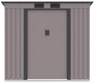 Widok na przednią ścianę i podw&oacute;jne drzwi domku narzędziowego OREGON 201x121cm Warm Grey