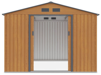 Domek narzędziowy HUDSON 277x255cm Oak Grey - otwarte drzwi, widok na wnętrze