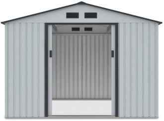 Przednia ściana z otwartymi drzwiami i widok na wnętrze domku narzędziowego HUDSON 277x255cm Light Grey