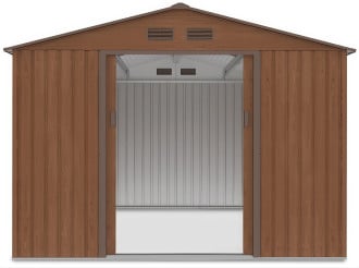 Widok na bok domku narzędziowego HUDSON 277x319cm, otwarte drzwi, widok na wnętrze domku