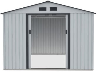 Widok na przód domku ogrodowego Hudson 277x319cm, otwarte drzwi domku, widok na wnętrze