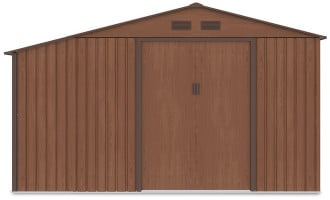 Widok na przednią ścianę i podwójne drzwi domku narzędziowego MADISON 342x191cm Walnut