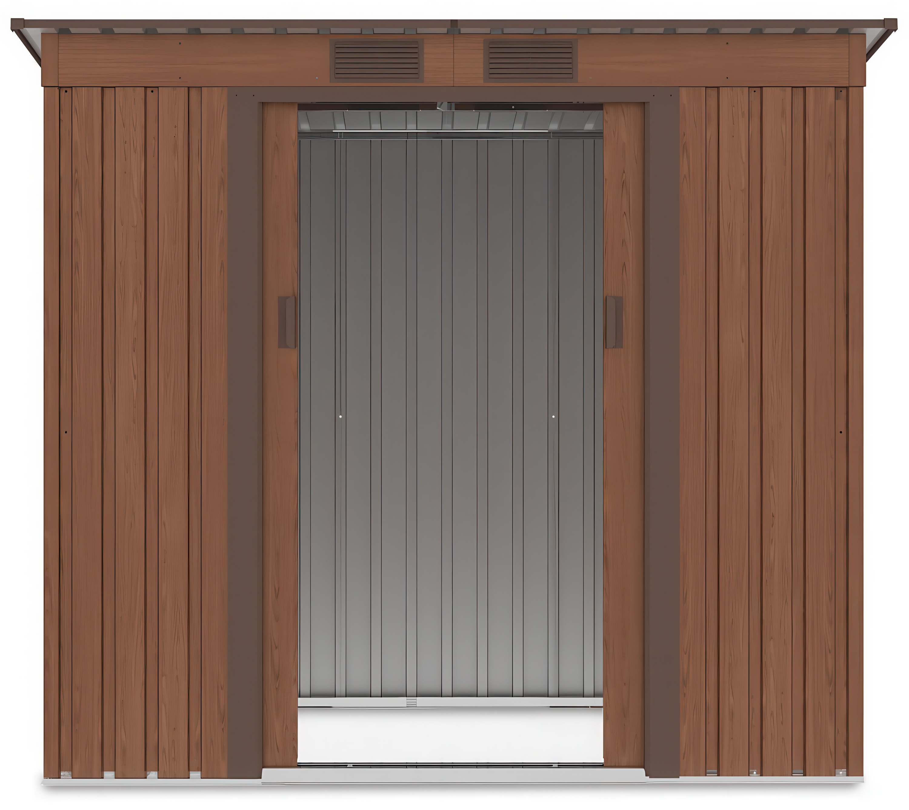 Widok na prz&oacute;d i wnętrze domku narzędziowego OREGON 201x121cm Walnut