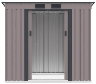 Widok na prz&oacute;d i wnętrze domku narzędziowego OREGON 201x121cm Warm Grey 