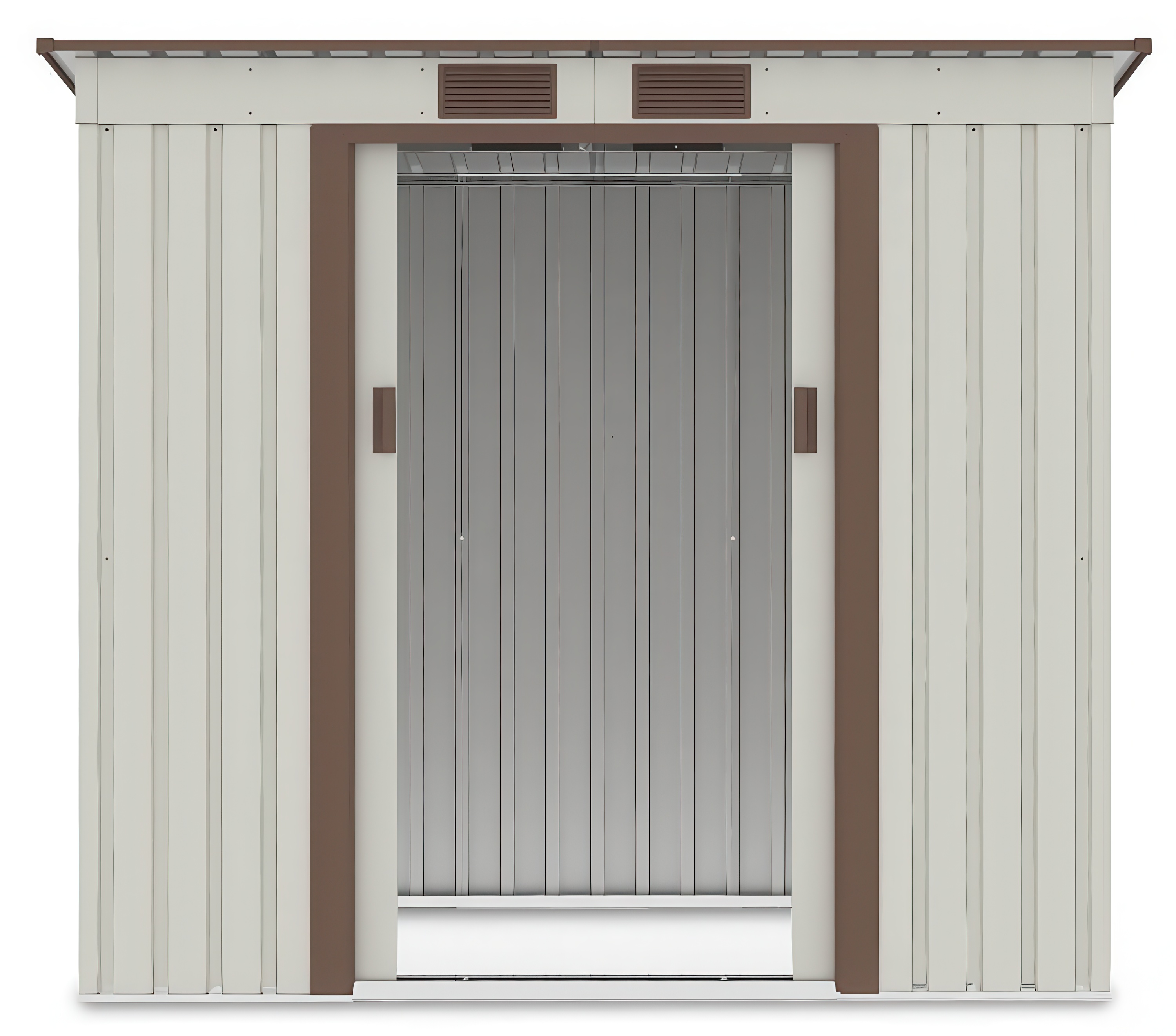 Widok na przód i wnętrze domku narzędziowego OREGON 201x121cm Beige - Hardmaister