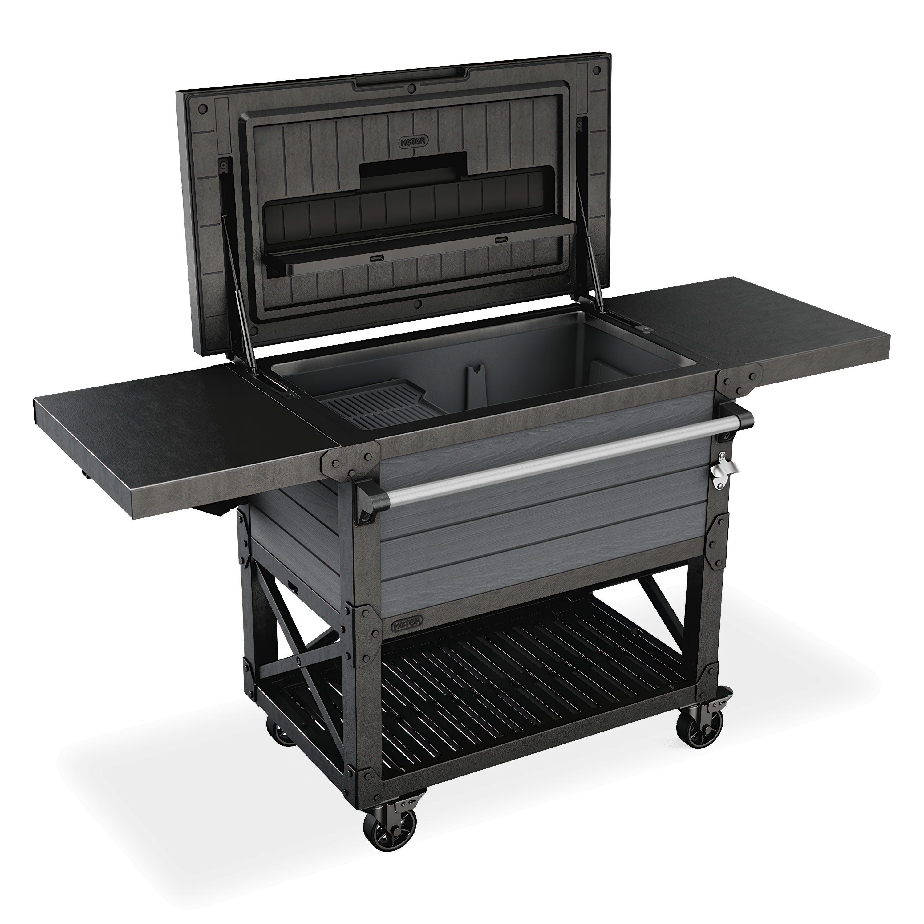 Funkcjonalny barek ogrodowy z otwartym schowkiem i półkami