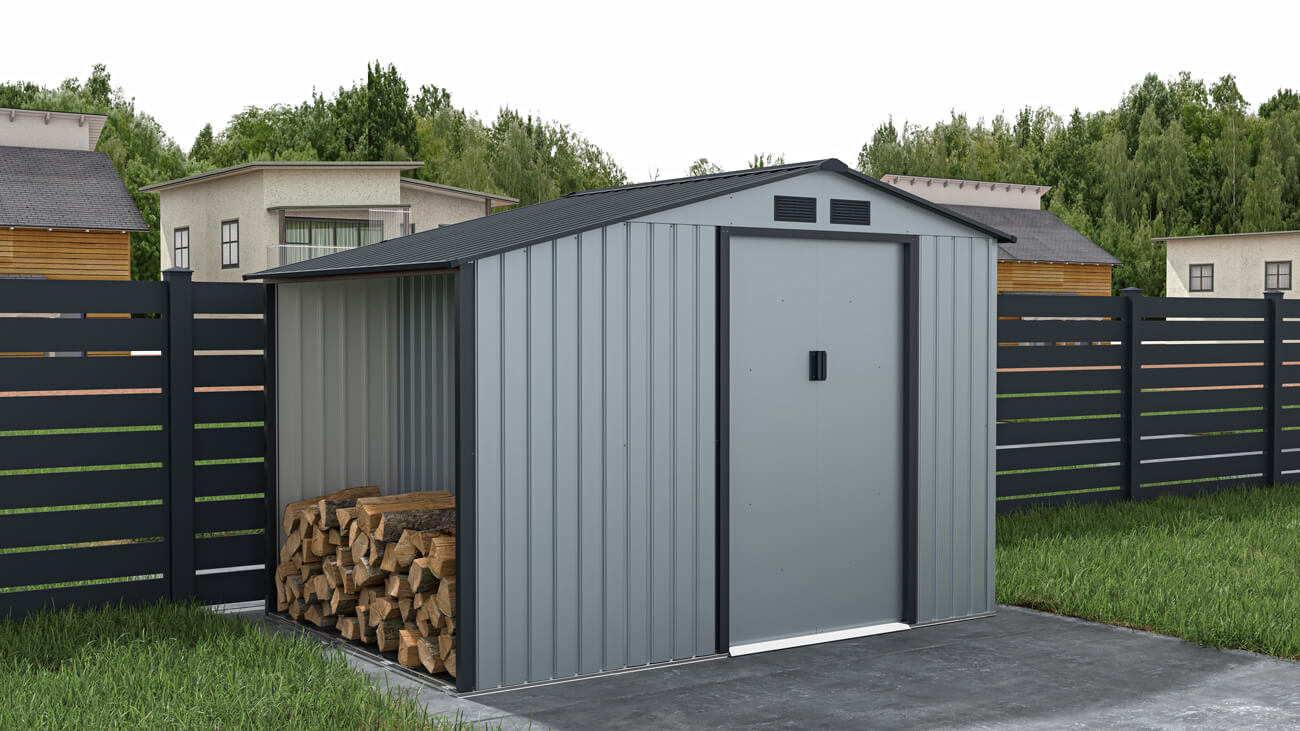 domek narzędziowy z drewutnią w ogrodzie, aranżacja MADISON 278x191cm Light Grey - Hardmaister