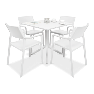 biały zestaw mebli ogrodowych do kawiarni lub na balkon z kwadratowym stołem i krzesłami