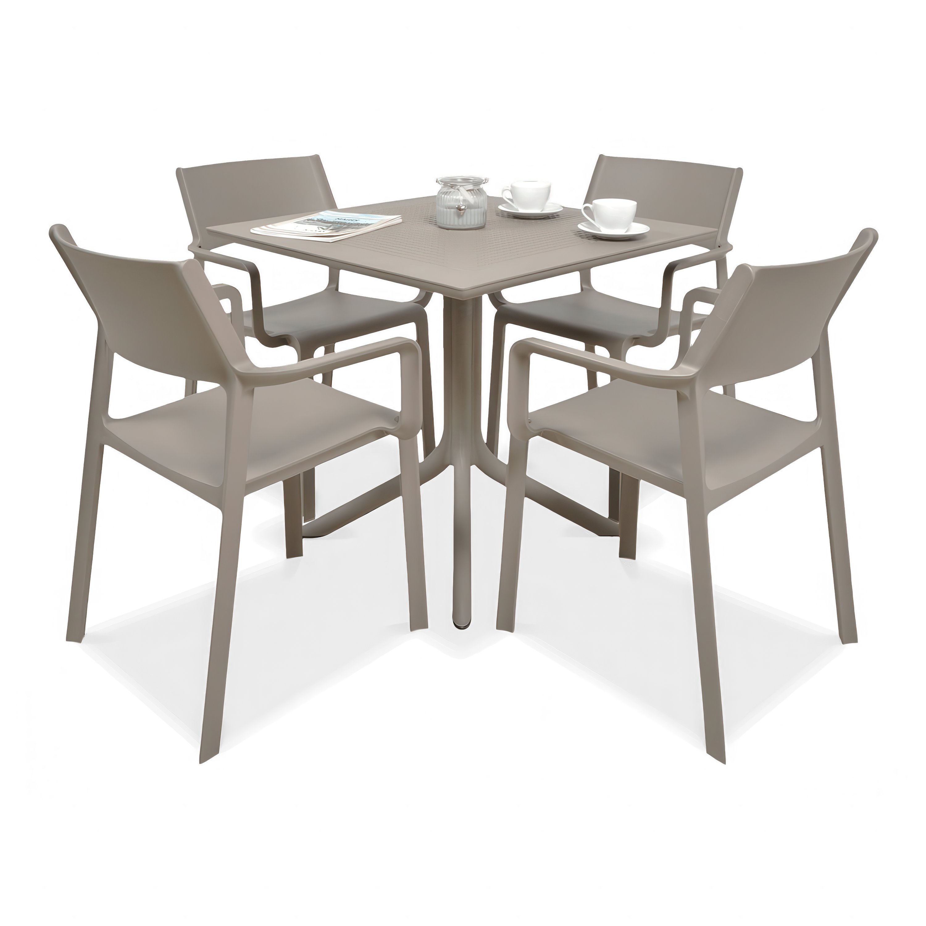 brązowy zestaw mebli jadalnianych z czterema krzesłami i kwadratowym stolikiem