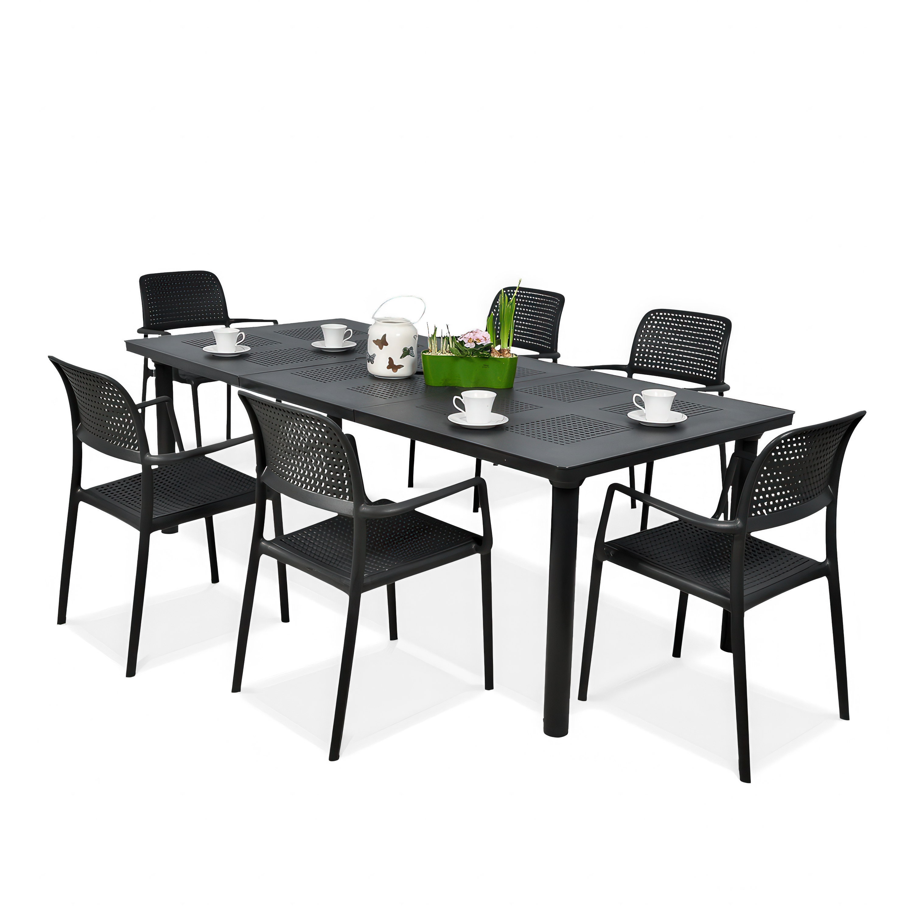 Czarny zestaw mebli jadalnianych do ogrodu z krzesłami i stołem