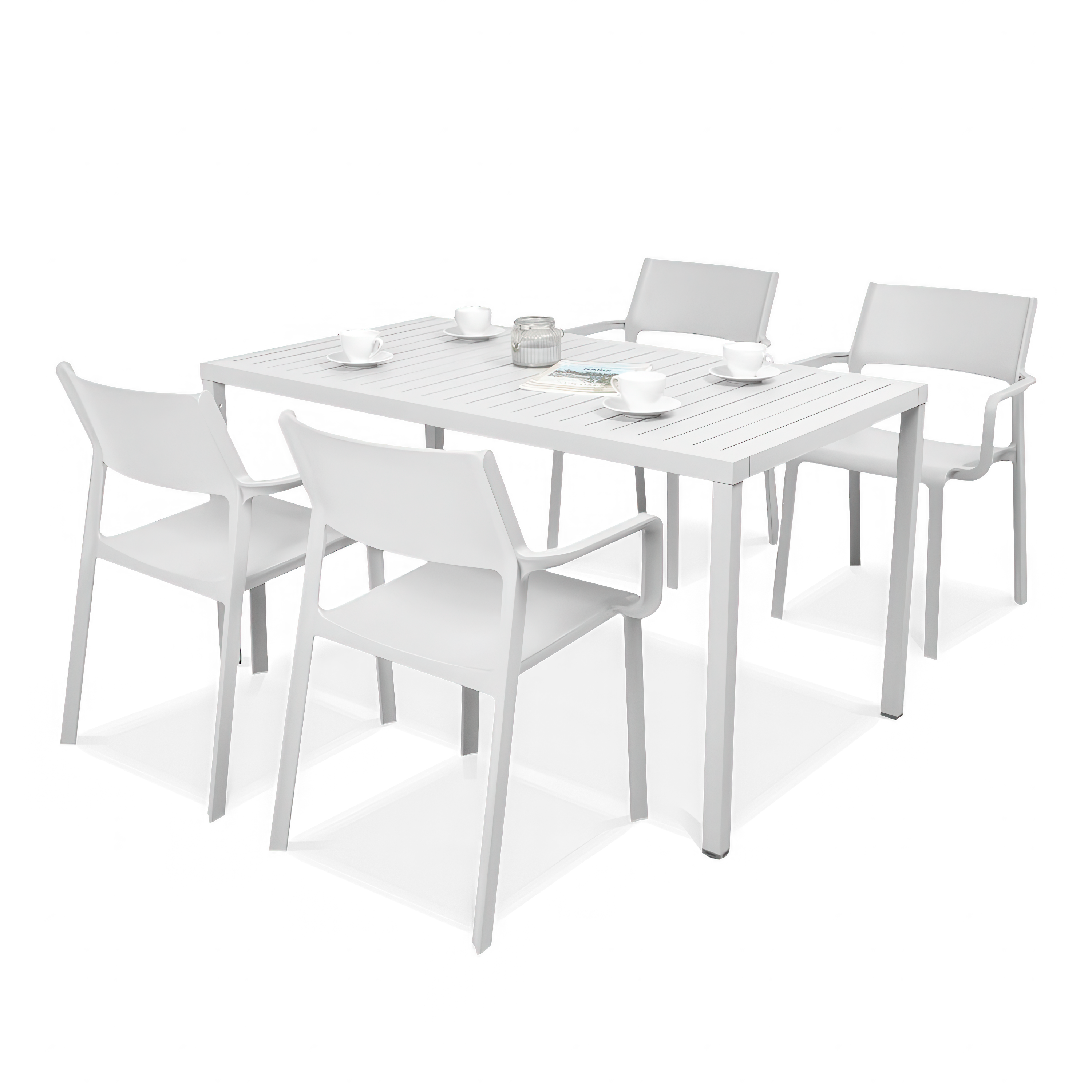 biały zestaw jadalniany z krzesłami i prostokątnym stołem