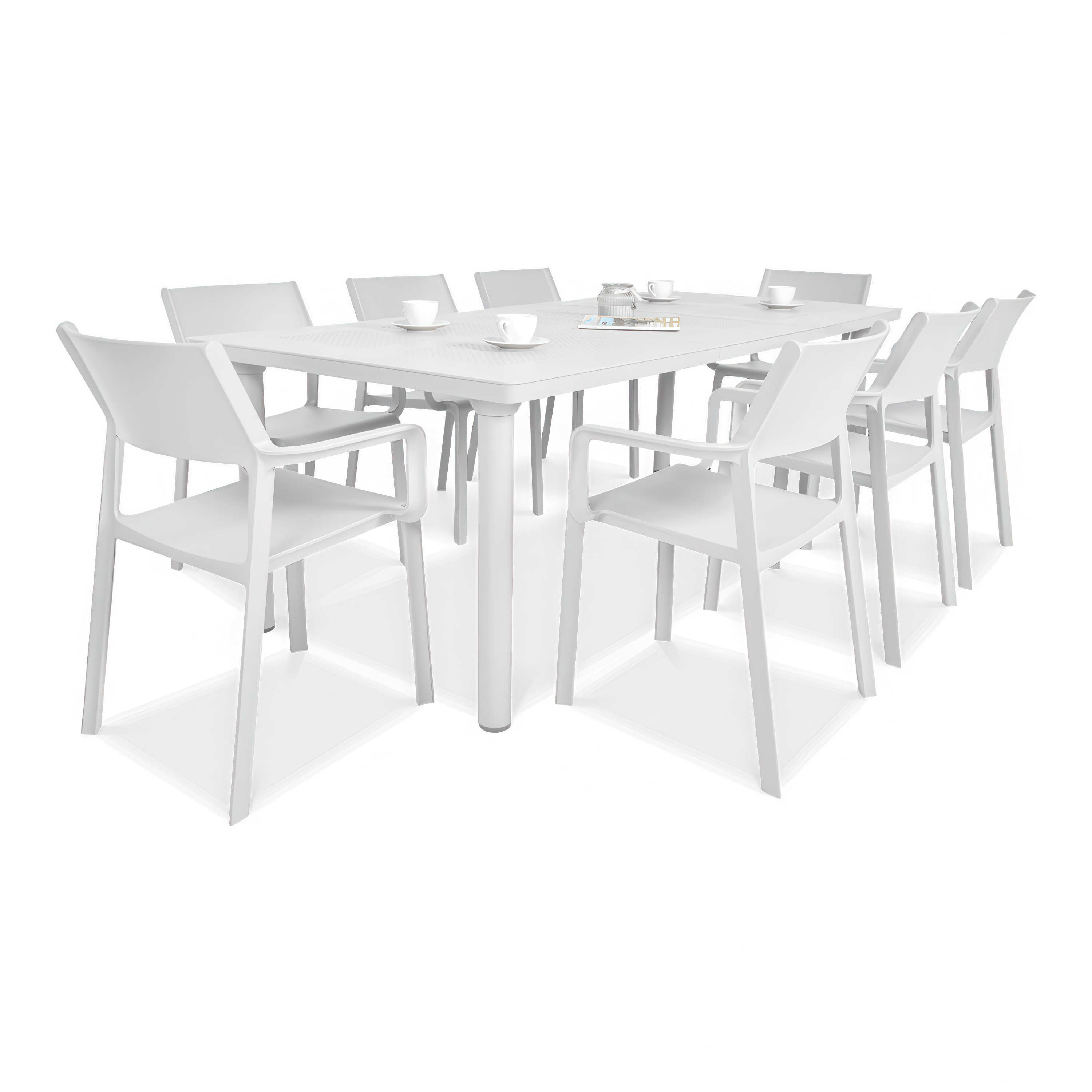 zestaw jadalniany ogrodowy z białymi krzesłami i prostokątnym stołem