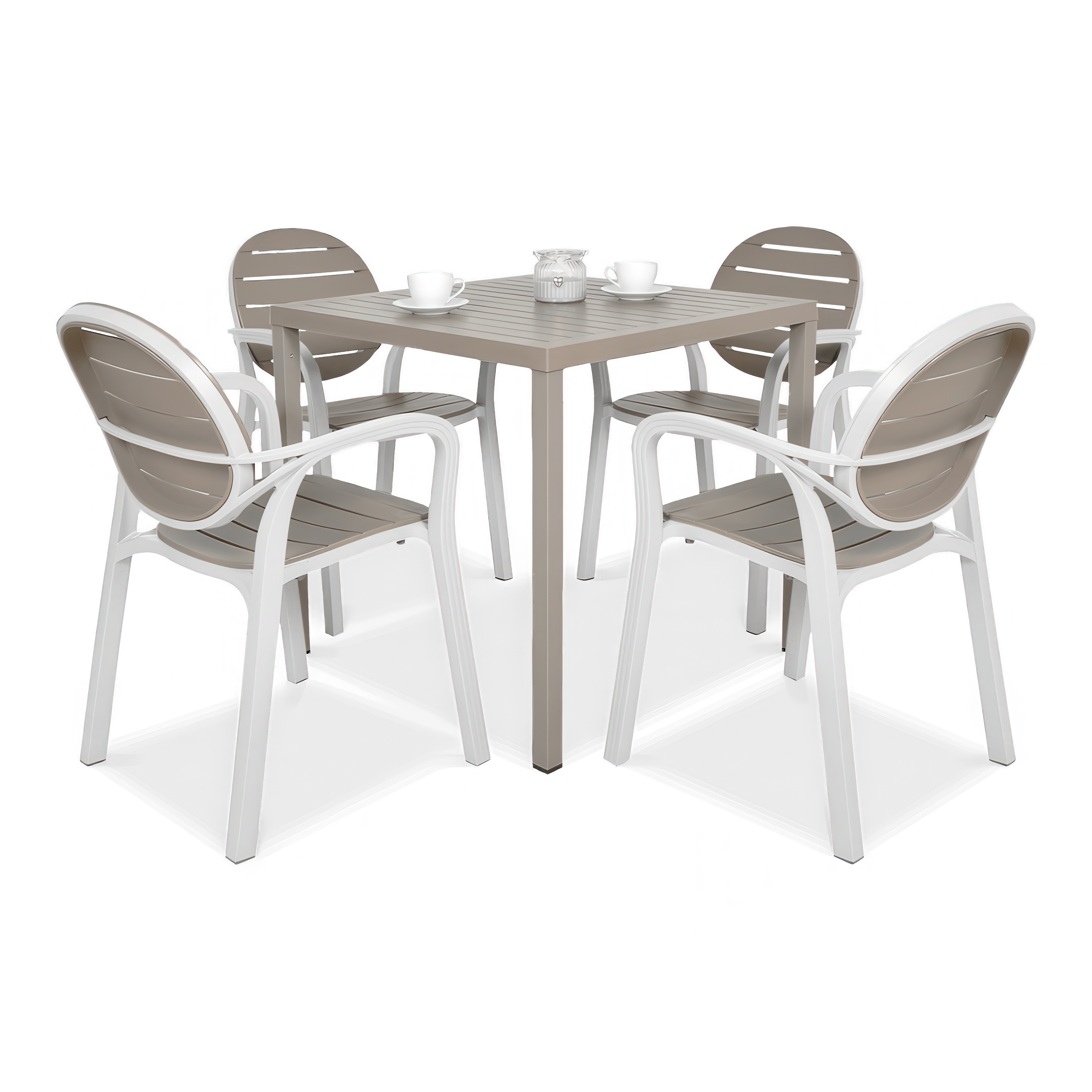 zestaw mebli tarasowych z czterema krzesłami i stolikiem w kolorze brązowym i białym