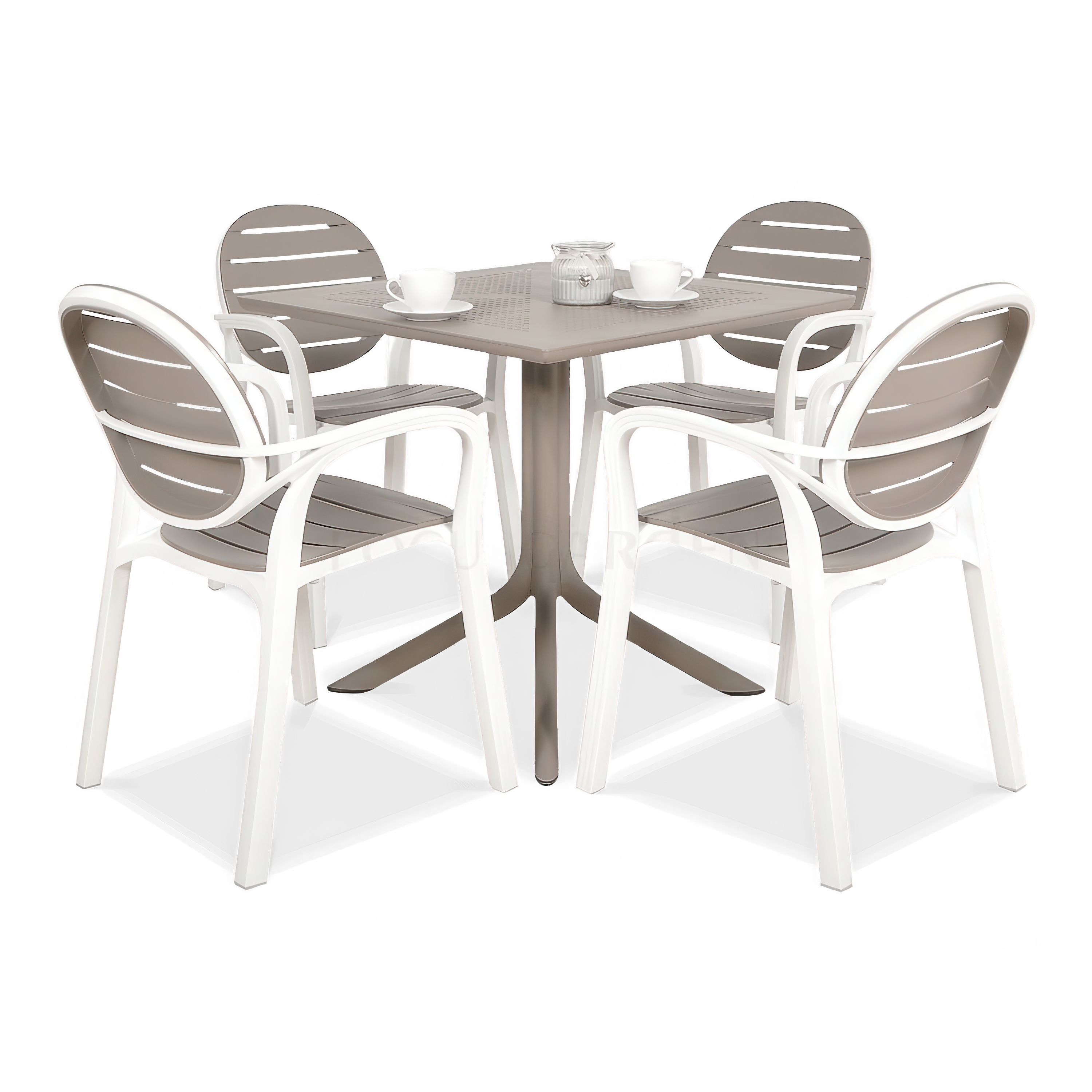 zestaw czterech krzeseł ogrodowych wraz z kwadratowym stołem w kolorze brązowym