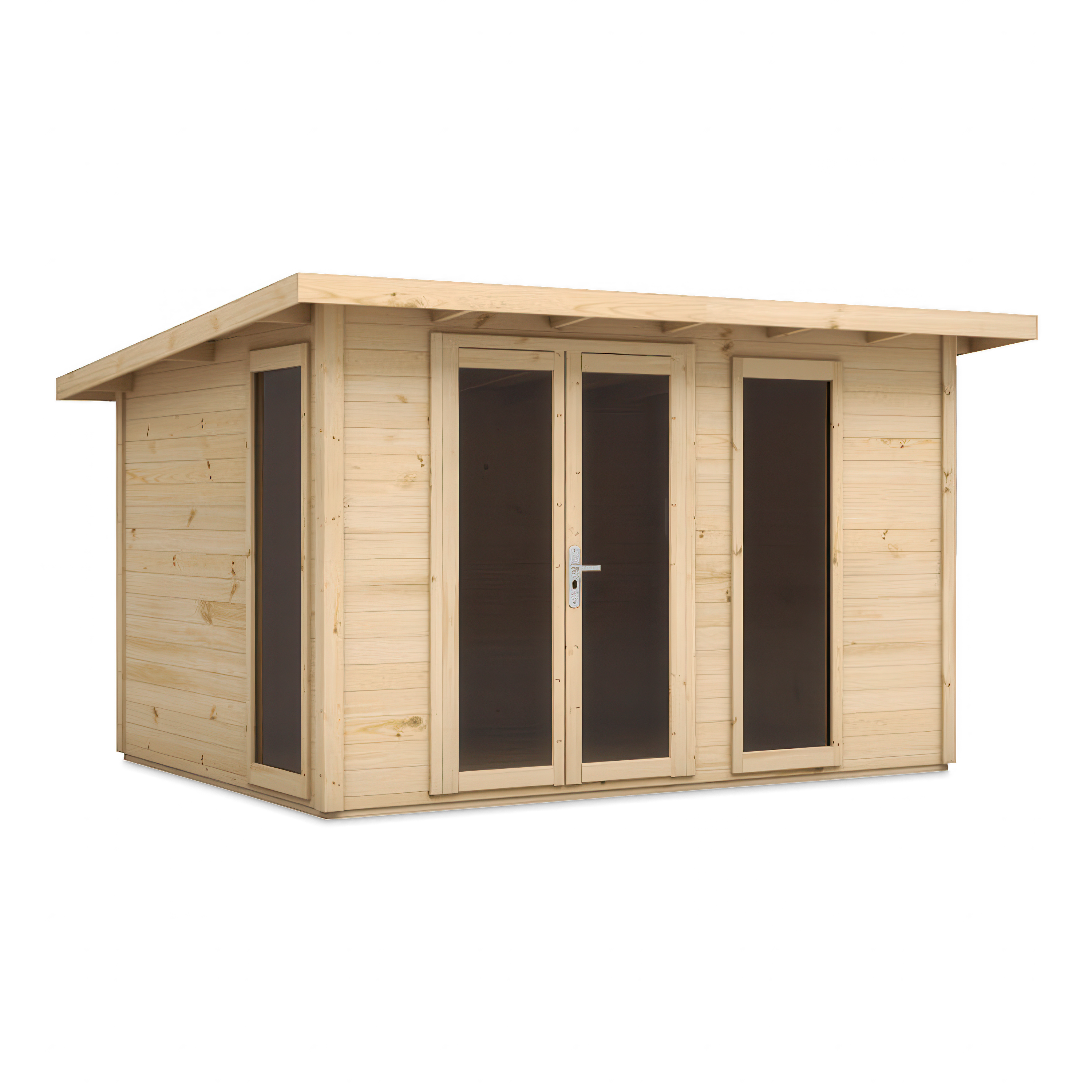 Drewniany domek ogrodowy z podwójnymi drzwiami i wąskimi oknami po bokach.