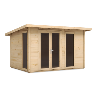 Drewniany domek ogrodowy z podwójnymi drzwiami i wąskimi oknami po bokach.