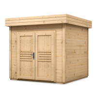 Drewniany domek ogrodowy z płaskim dachem i podwójnymi drzwiami wejściowymi ozdobionymi poziomymi listwami, wykonany w naturalnym jasnym drewnie