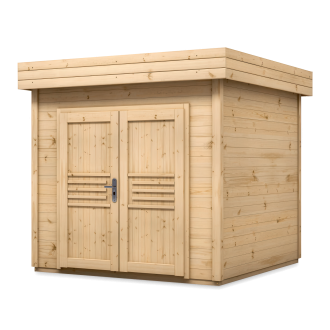 Drewniany domek ogrodowy z płaskim dachem i podwójnymi drzwiami wejściowymi ozdobionymi poziomymi listwami, wykonany w naturalnym jasnym drewnie