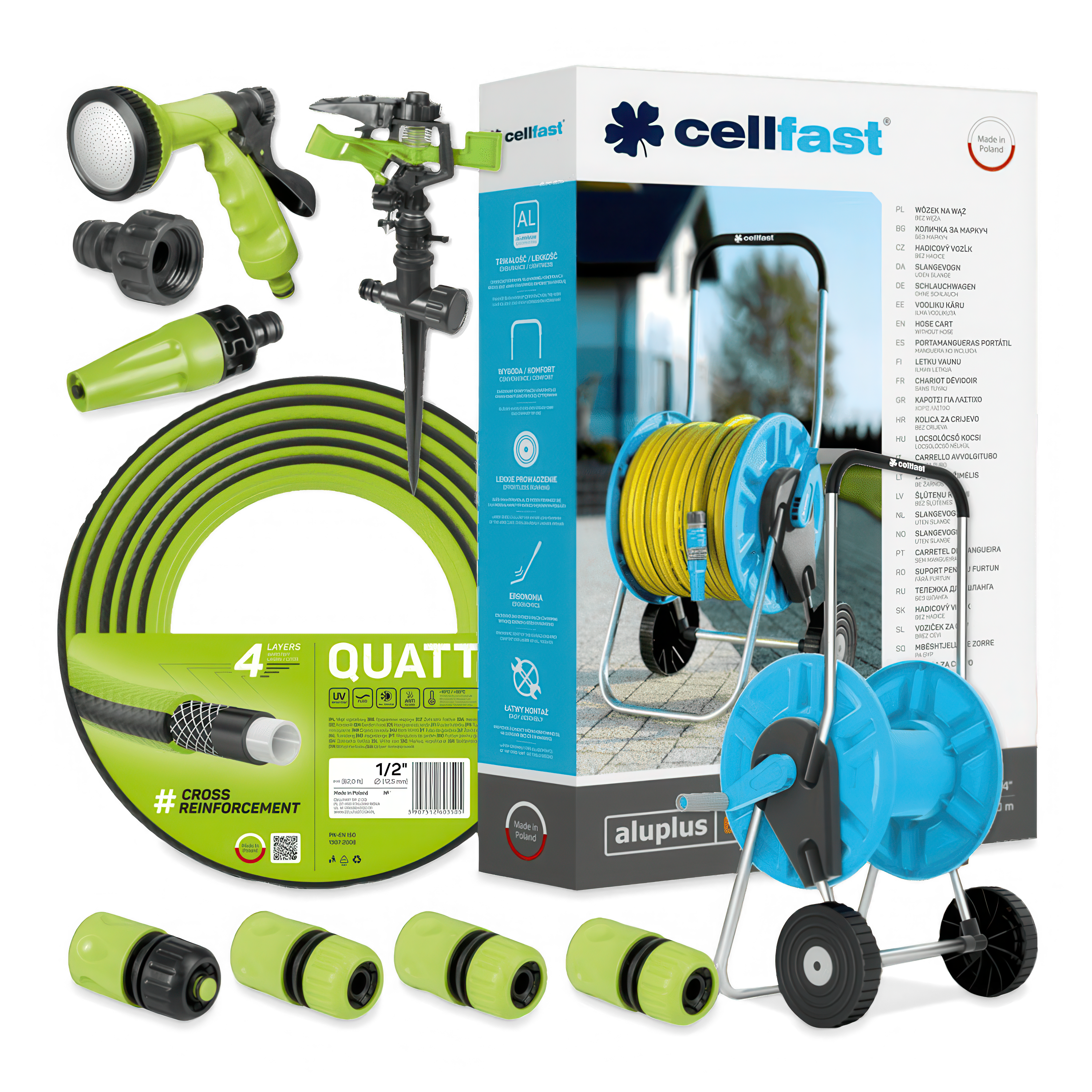 zielony zestaw do nawadniania z wężem, końcówkami do podlewania, wózek, pistolet zraszający oraz zraszacz pulsacyjny