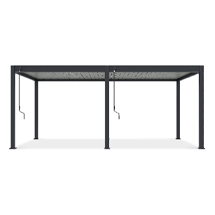 Pergola Elegance 3x6 Antracytowa z lamelami szaro jasnymi stojąca na tle oceanu w aranżacji