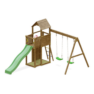 Plac zabaw drewniany z zjeżdżalnią i dwoma huśtawkami dla dzieci Fungoo Boomer 3