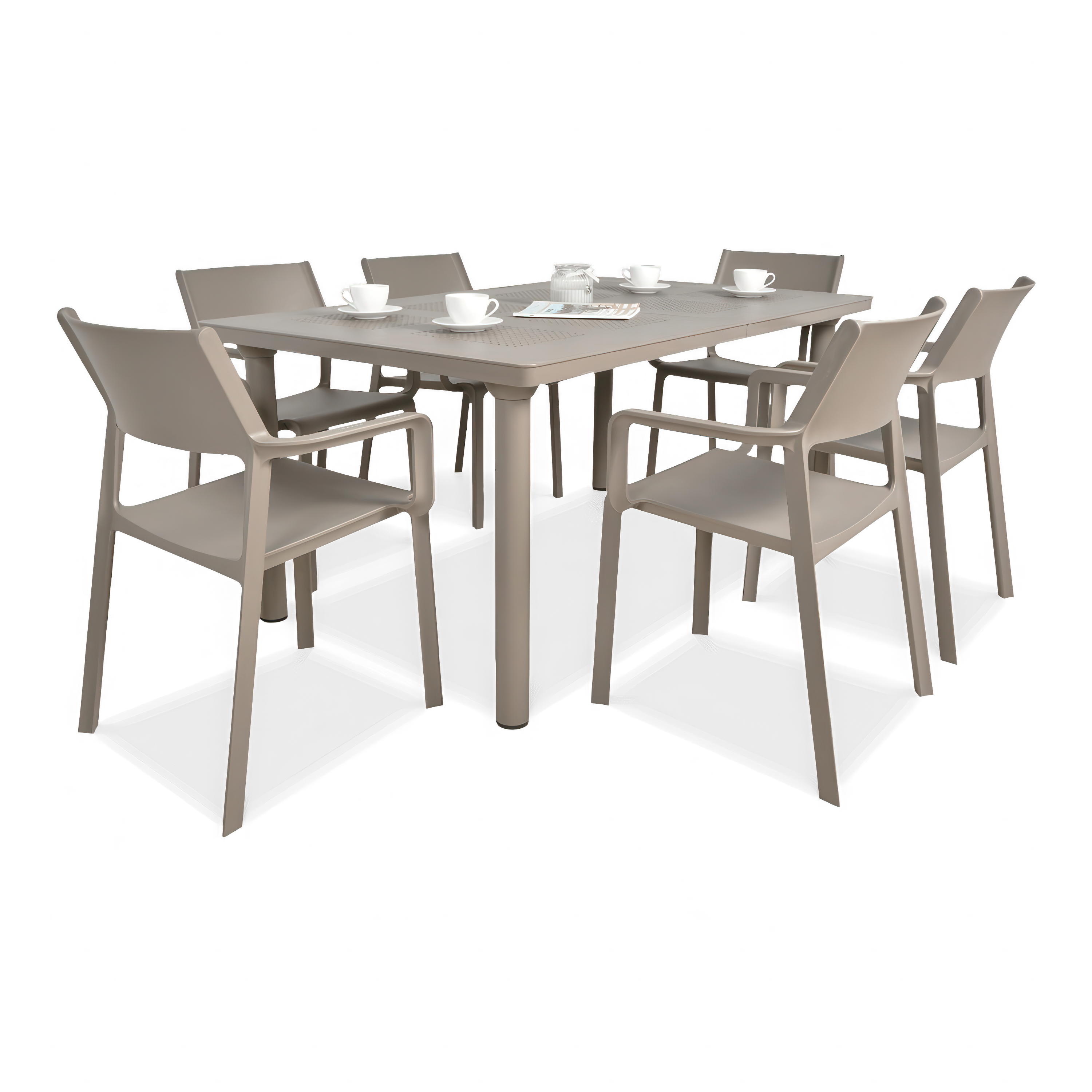 zestaw mebli ogrodowych brązowych z sześcioma krzesłami i stołem