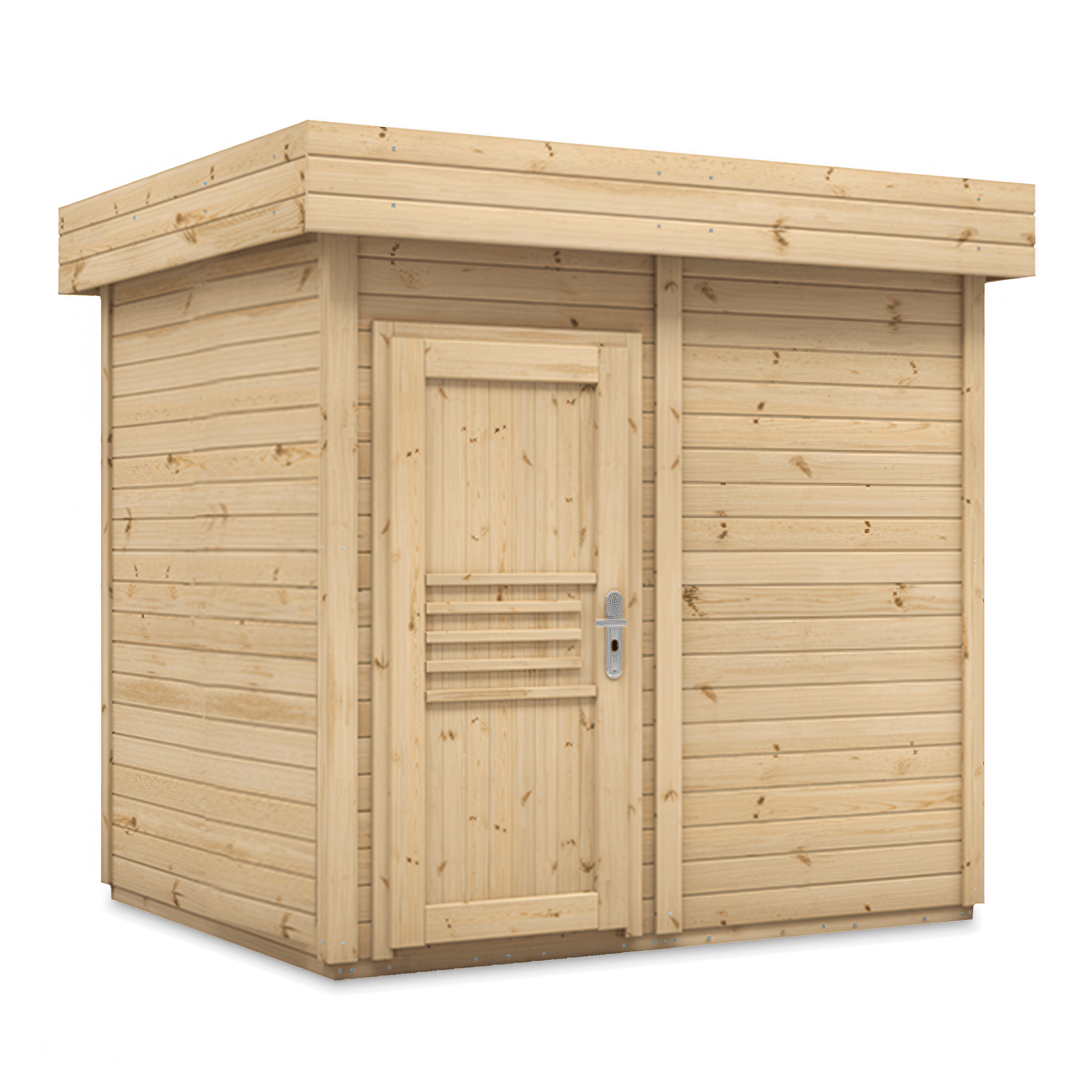 Sauna ogrodowa drewniana w kolorze naturalnym – nowoczesna kabina z pełnymi ścianami i drzwiami z poziomymi zdobieniami