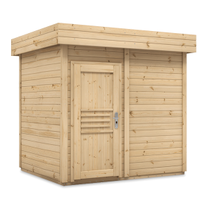 Sauna ogrodowa drewniana w kolorze naturalnym – nowoczesna kabina z pełnymi ścianami i drzwiami z poziomymi zdobieniami