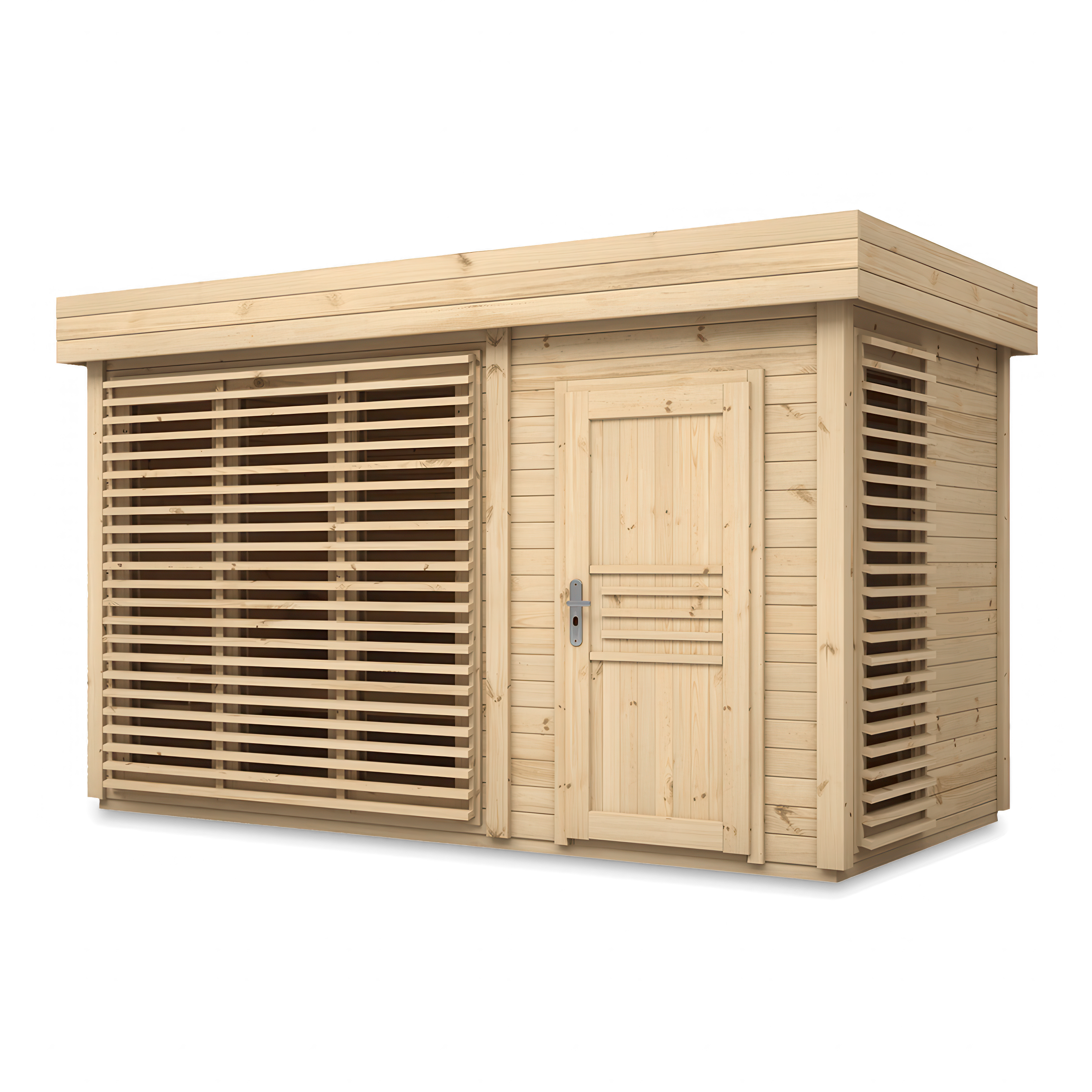 Drewniana sauna ogrodowa w kolorze jasny dąb z zabudowanymi drzwiami i ażurowymi panelami bocznymi