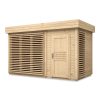 Drewniana sauna ogrodowa w kolorze jasny dąb z zabudowanymi drzwiami i ażurowymi panelami bocznymi