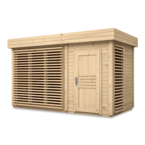 Drewniana sauna ogrodowa w kolorze jasny dąb z zabudowanymi drzwiami i ażurowymi panelami bocznymi