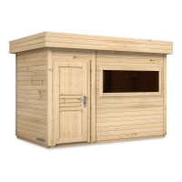 sauna ogrodowa z płaskim dachem, drzwiami drewnianymi i dużym panoramicznym oknem, kolor naturalne drewno