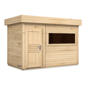 sauna ogrodowa z płaskim dachem, drzwiami drewnianymi i dużym panoramicznym oknem, kolor naturalne drewno