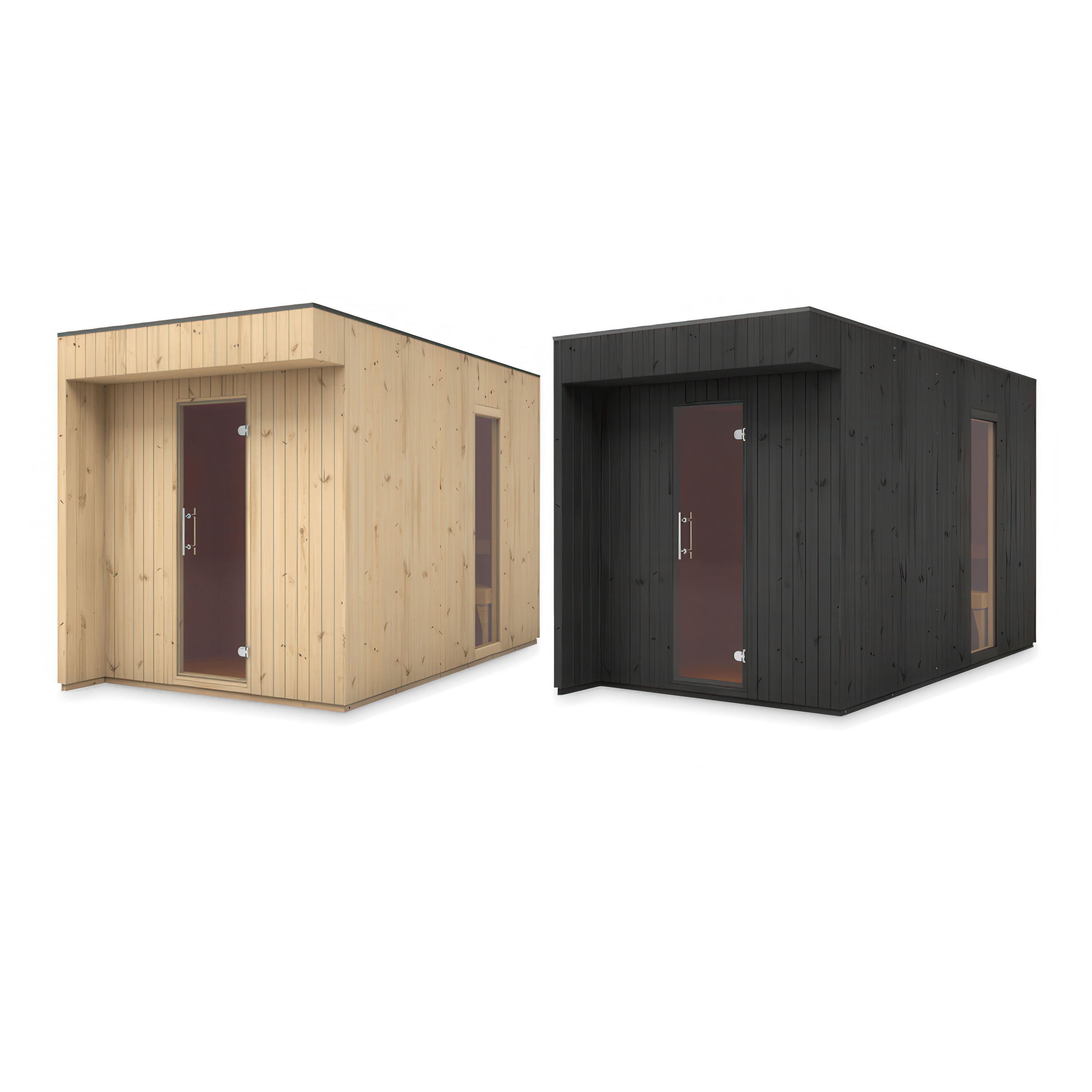 Sauna ogrodowa wolnostojąca nowoczesna w dwóch kolorach – naturalne drewno i czarna elewacja