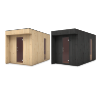 Sauna ogrodowa wolnostojąca nowoczesna w dwóch kolorach – naturalne drewno i czarna elewacja