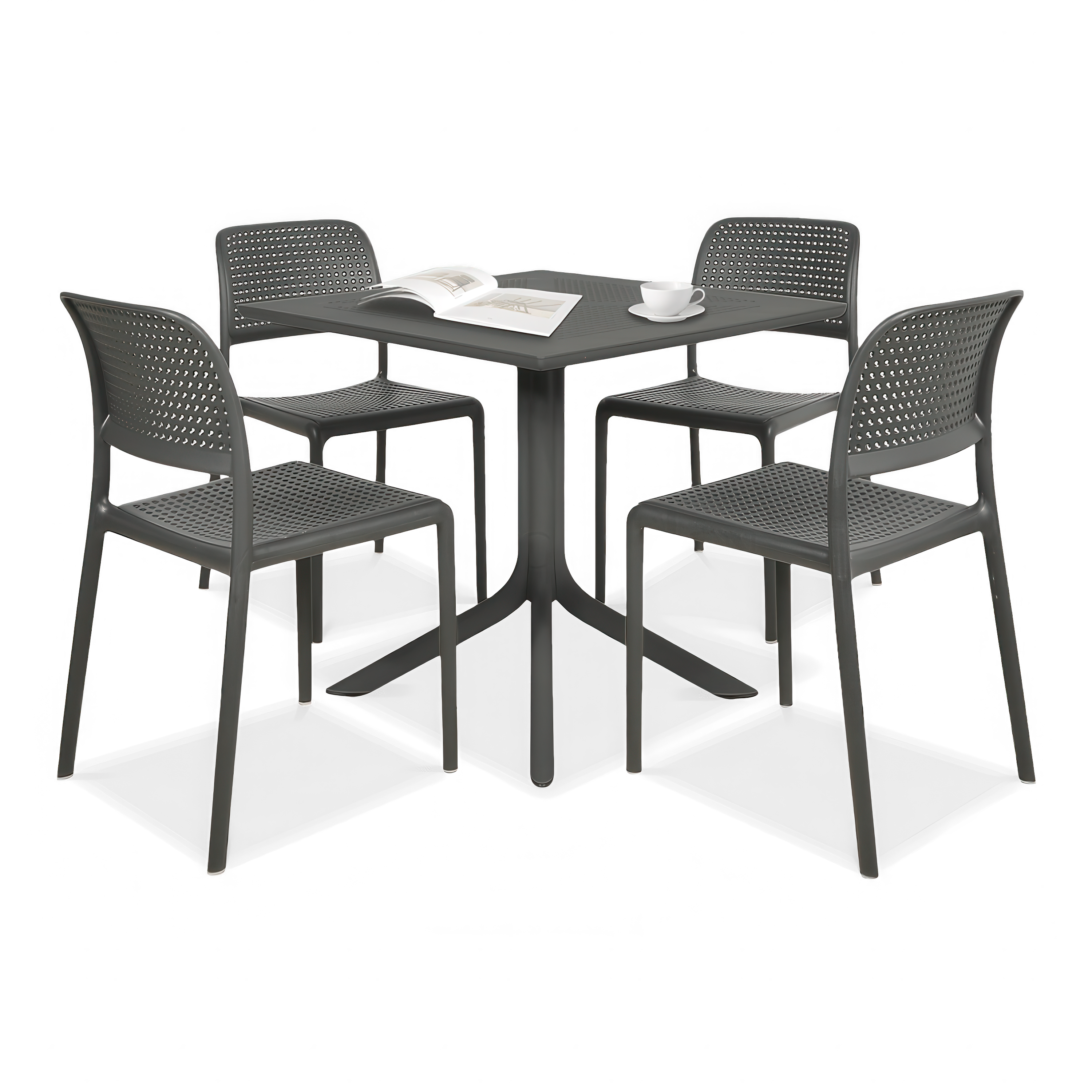 zestaw mebli ogrodowych, cztery krzesła oraz stół w kolorze czarnym